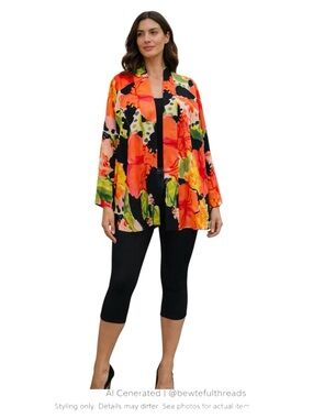 Natori M Watercolor Floral Open Jacket Bold Art Print Statement Layering Piece